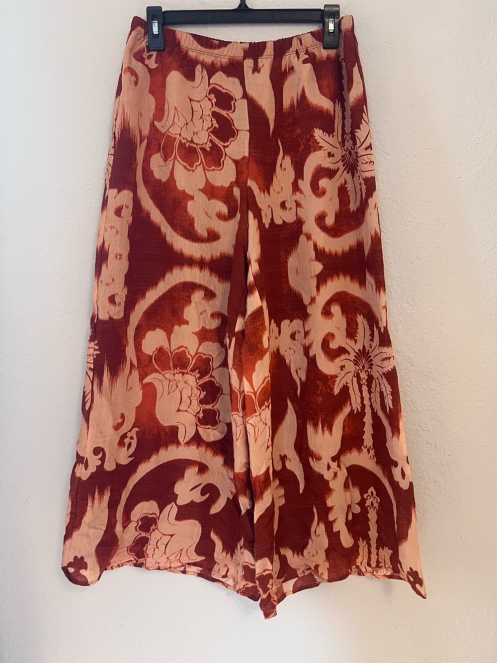 Wide Leg Floral Print Pants in Rust & Cream